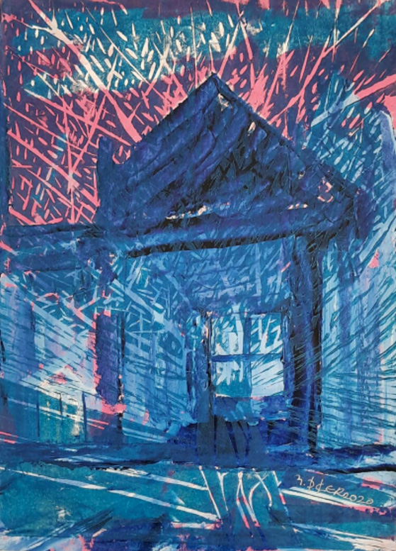 Mavi Ev,34×25,kağıt üzerine mixmedia, 2020,200tl